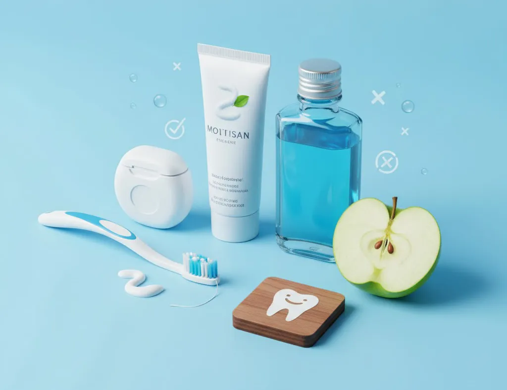 Dental hygiene products flat lay