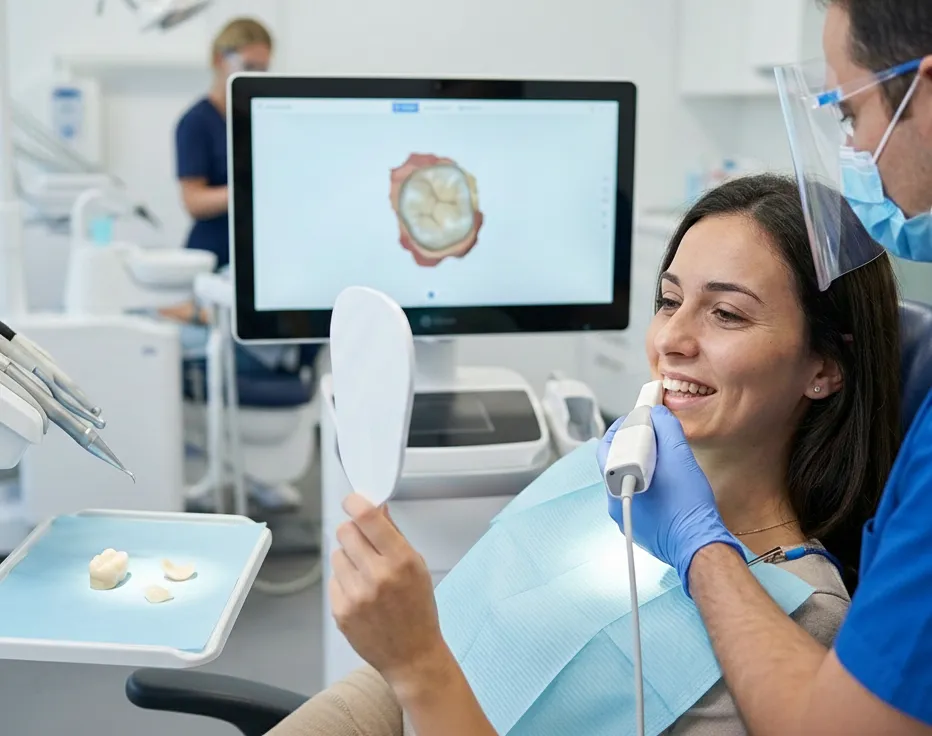 Patient reviewing smile results mirror